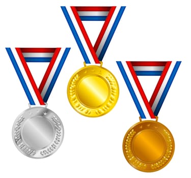 Set of Golden, Silver and Bronze Medals with Ribbons