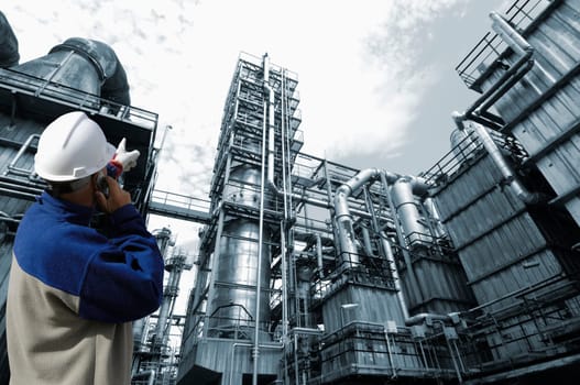 engineer in hard-hat standing in front of oil and gas installation