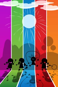 Girls playing silhouettes over a rainbow background