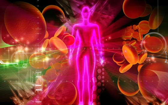 Digital illustration of blood cell and human body in colour background