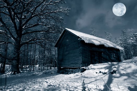old-barn, surrounded by winter, snow and ice, full-moon casting a cold light