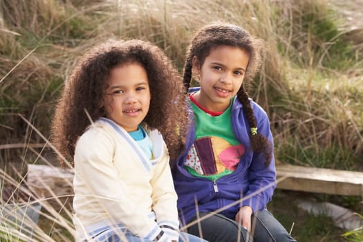 Young Girls Playing In Field Together