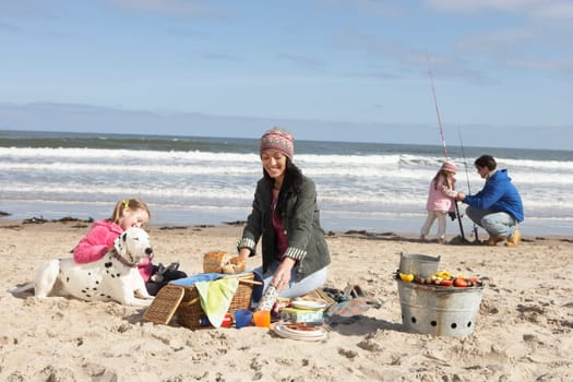 Family Having Barbeque On Winter Beach