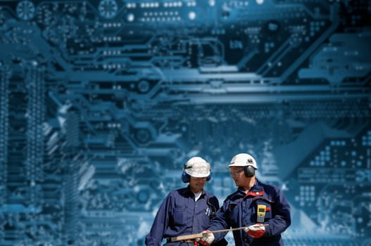two engineers in front of computer circuitboard, associated with nuclear-power stations dashboard of controles.