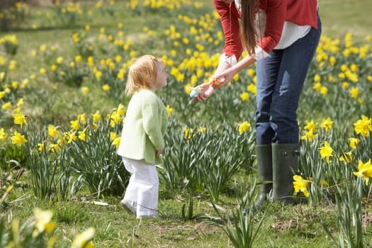 Mother And Daughter In Daffodil Field With Decorated Easter Eggs