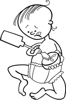 illustration of baby boy destroying the clock for coloring book