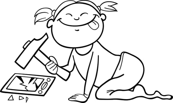 illustration of baby girl destroying the smartphone for coloring book