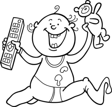 illustration of baby boy with remote control and teddy bear for coloring book