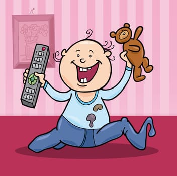 illustration of baby boy with remote control and teddy bear