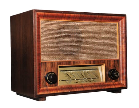 Old retro radio (used at home), isolated on white background.