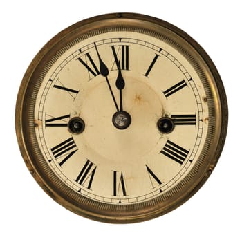 Antique clock face showing the time (three minutes to midnight), isolated on white.