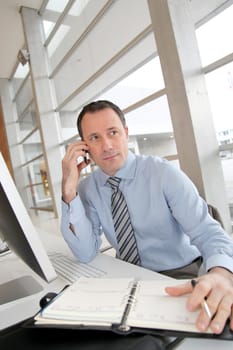 Businessman on the phone writing on agenda
