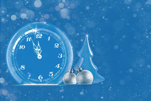 Abstract blue greeting card with clock, Christmas tree and silver balls, counting last moments to New 2024 Year banner design.