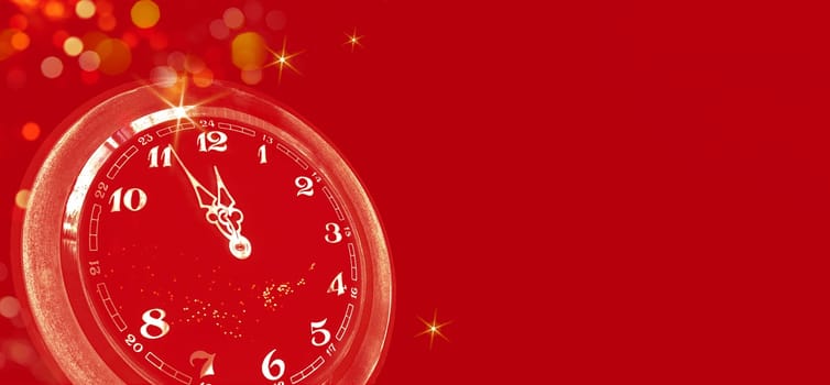 Abstract red greeting card with clock, bokeh, counting last moments to New 2024 Year banner design.