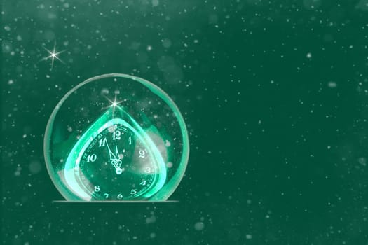 Abstract green greeting card with transparent ball, clock,snow, counting last moments to New 2024 Year banner design.