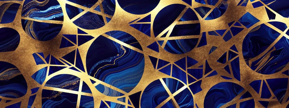 Abstract wavy blue marble background with golden veins, stone texture, liquid paint, gold foil and glitter decor, painted artificial marbled surface. Generative AI