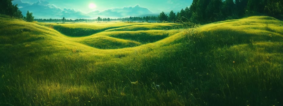 Green field, tree and blue sky.Great as a background,web banner. Generative AI