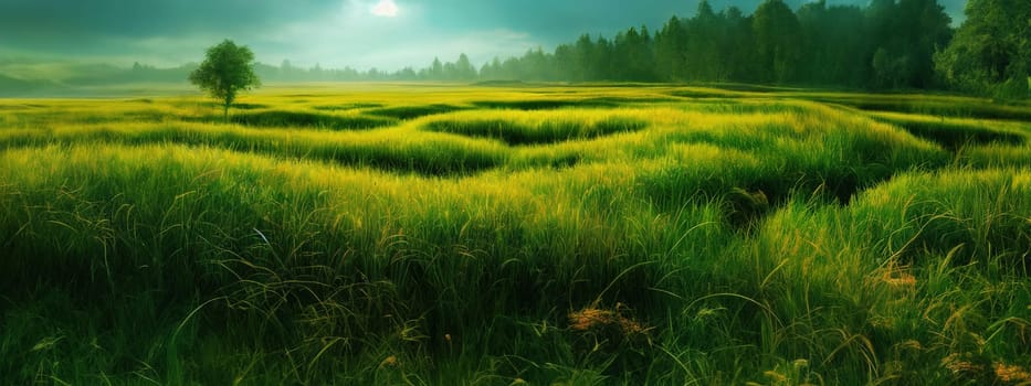 Green field, tree and blue sky.Great as a background,web banner. Generative AI