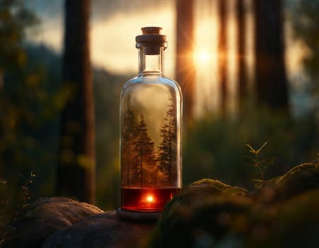 A glass bottle with a magic potion on the background of a beautiful forest