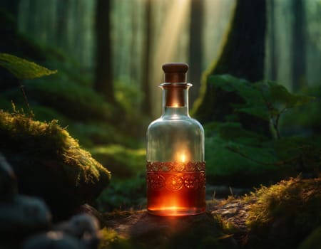 A glass bottle with a magic potion on the background of a beautiful forest
