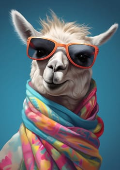 Cute stylish alpaca portrait of llama wearing glasses on blue background wearing glasses and scarf, fashion