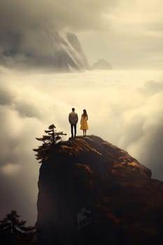 Woman man freedom hiker adventure nature landscape peak rock standing view tourism tourist person sunset top lifestyle hiking sky high mountain travel clouds cliff