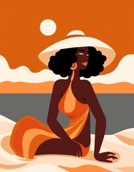 tanned woman fashion beige hat sand model body young ocean black cartoon vacation graphic concept beach summer poster beautiful holiday person. Generative AI.