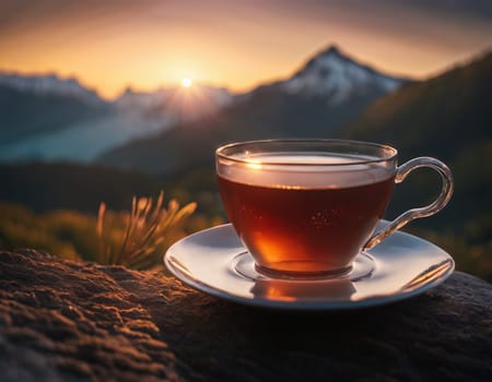 A delicious cup of hot tea on the background of a sunrise in the mountains. High quality illustration