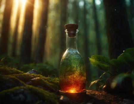 A glass bottle with a magic potion on the background of a beautiful forest