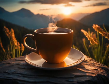 A delicious cup of hot tea on the background of a sunrise in the mountains. High quality illustration
