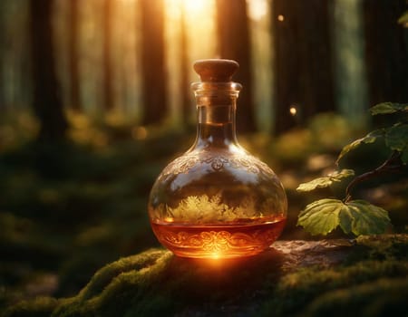 A glass bottle with a magic potion on the background of a beautiful forest