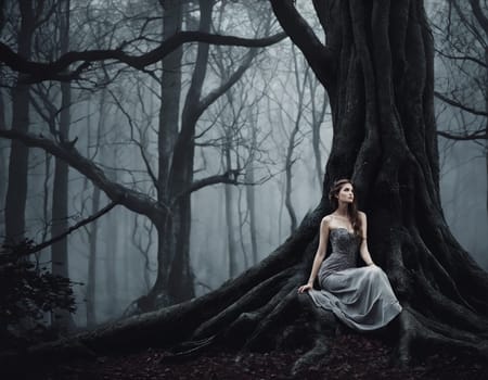 A girl in a gray dress in the middle of a gloomy cloudy forest. High quality photo