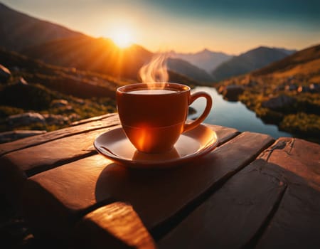 A delicious cup of hot tea on the background of a sunrise in the mountains. High quality illustration