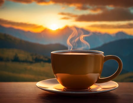 A delicious cup of hot tea on the background of a sunrise in the mountains. High quality illustration