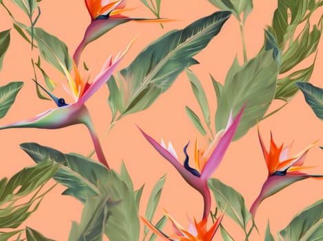 jungle leaf palm tropic pink wallpaper art flower seamless beauty pattern colorful vintage hibiscus tropical trendy white decoration orange red. Generative AI.