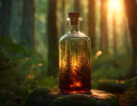 A glass bottle with a magic potion on the background of a beautiful forest