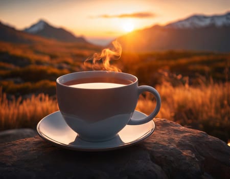 A delicious cup of hot tea on the background of a sunrise in the mountains. High quality illustration