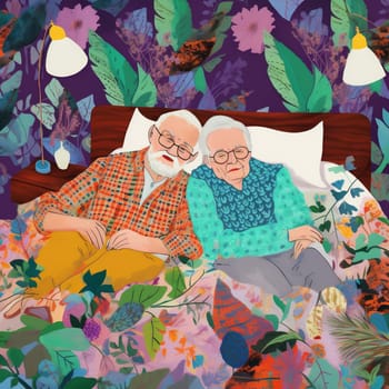 woman man asleep sleeping male retired bed love aged elderly pillow cartoon lying couple happy lifestyle adult wife happiness together person old. Generative AI.