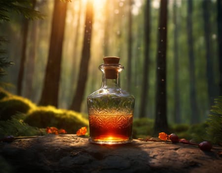 A glass bottle with a magic potion on the background of a beautiful forest