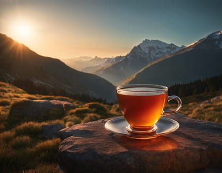 A delicious cup of hot tea on the background of a sunrise in the mountains. High quality illustration
