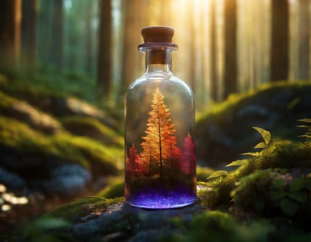 A glass bottle with a magic potion on the background of a beautiful forest
