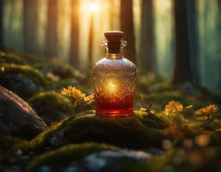 A glass bottle with a magic potion on the background of a beautiful forest