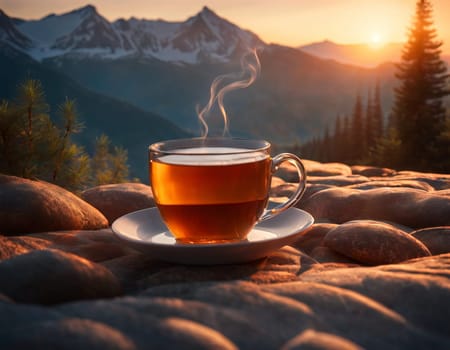 A delicious cup of hot tea on the background of a sunrise in the mountains. High quality illustration