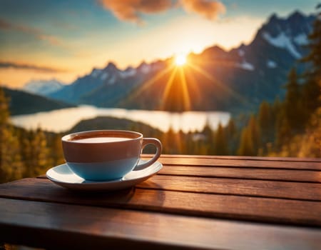 A delicious cup of hot tea on the background of a sunrise in the mountains. High quality illustration