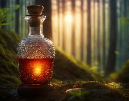 A glass bottle with a magic potion on the background of a beautiful forest