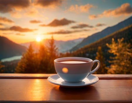 A delicious cup of hot tea on the background of a sunrise in the mountains. High quality illustration