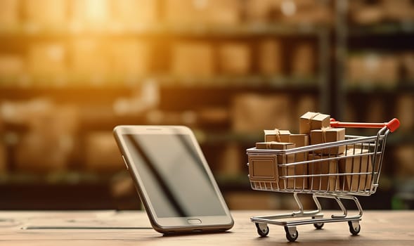 Smart phone with Iron shopping cart for online transportation in your smartphone logistic background concept. Iron shopping cart filled with packages. Ordering online or online business shop. copy space Space for text