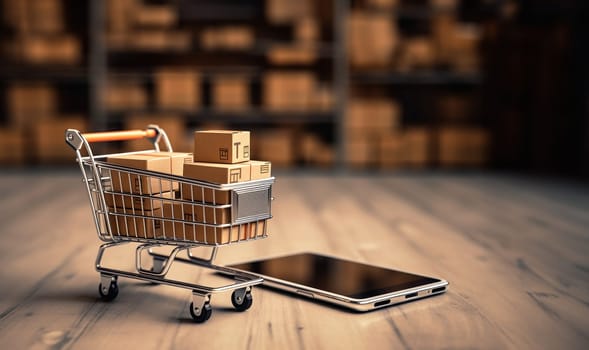 Smart phone with Iron shopping cart for online transportation in your smartphone logistic background concept. Iron shopping cart filled with packages. Ordering online or online business shop. copy space Space for text