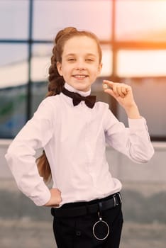 Portrait of cute caucasian teen girl holding coin. Saving money and business concept.