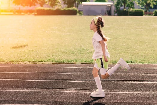 Girl jogging on a sunny summer evening, laying on treadmill, stadium, physical training, back to school, tired.